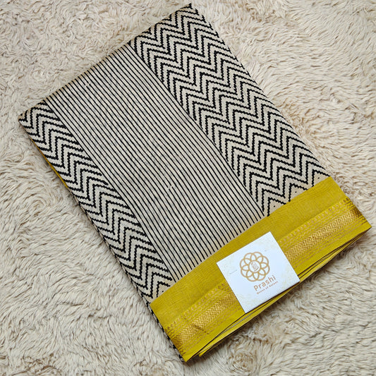 Off white Handblock printed Maheshwari silk cotton saree