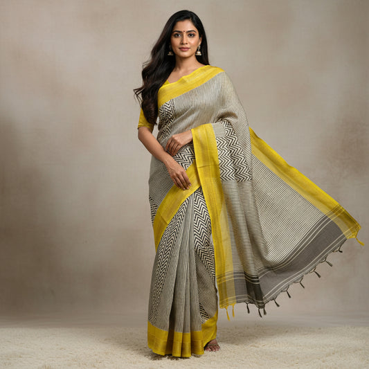 Half-white with black Handblock printed Maheshwari silk cotton saree