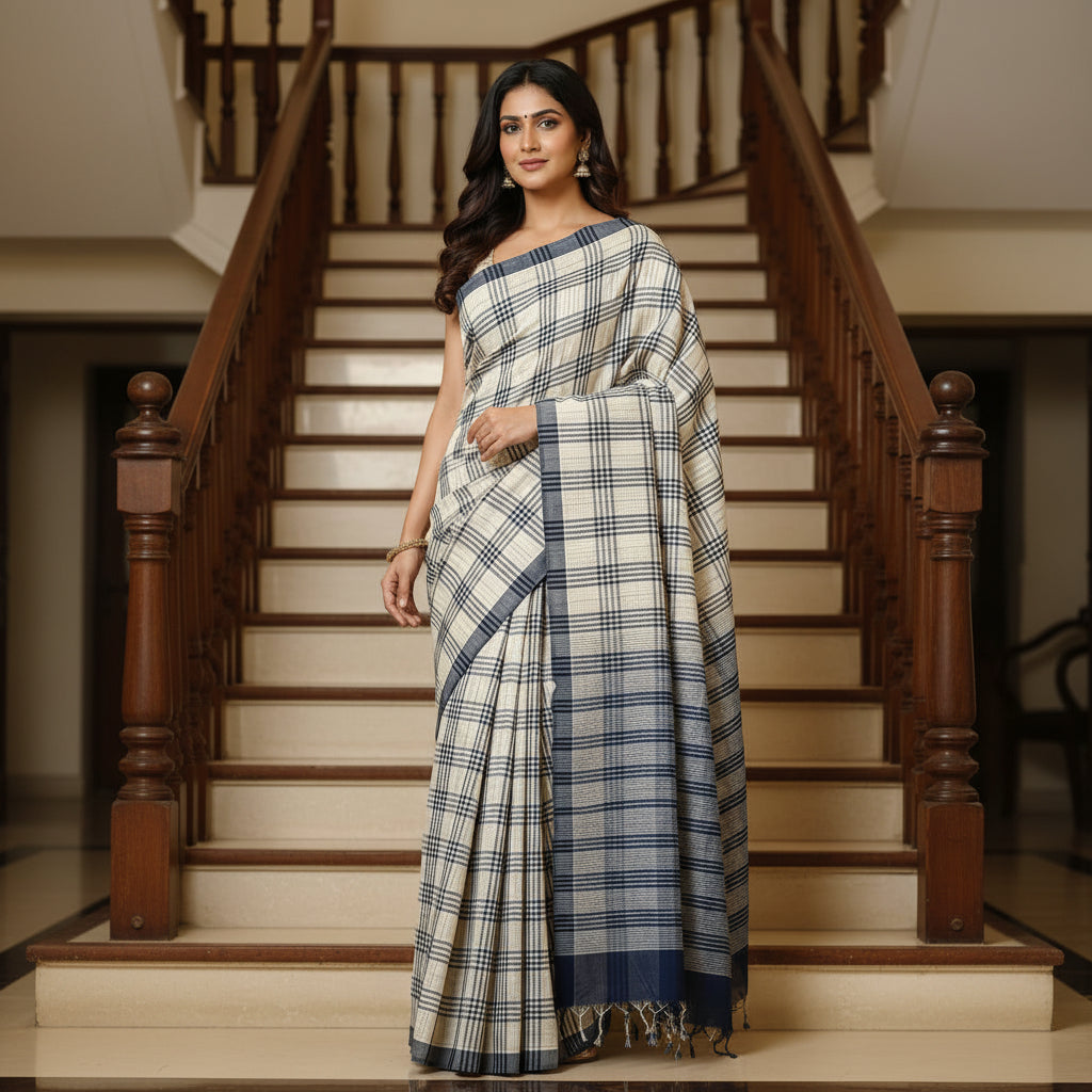 Navy blue Mangalagiri cotton saree