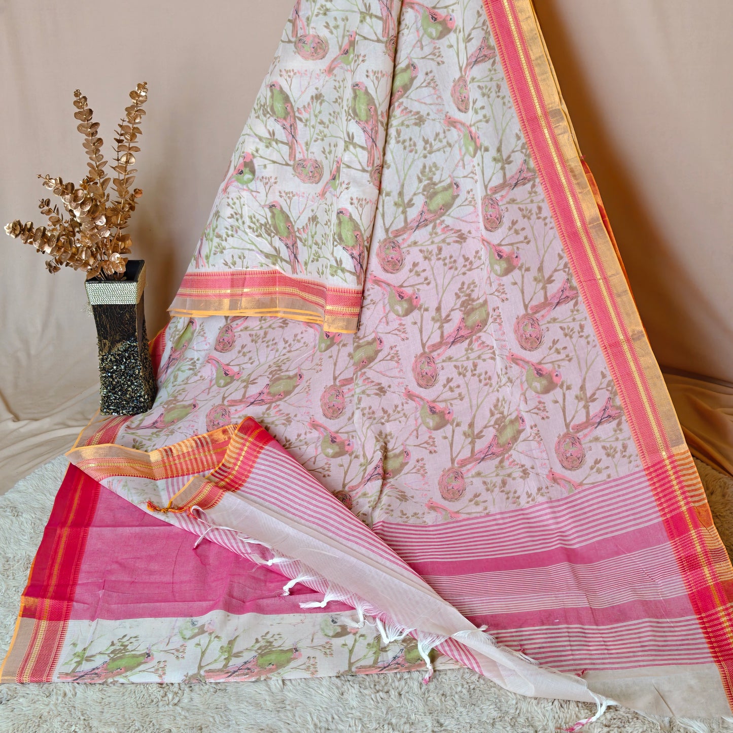 Half-white digital print cotton saree