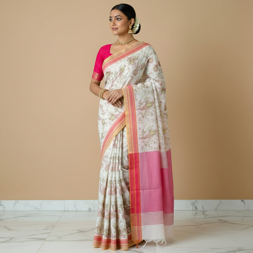 Half-white digital print cotton saree