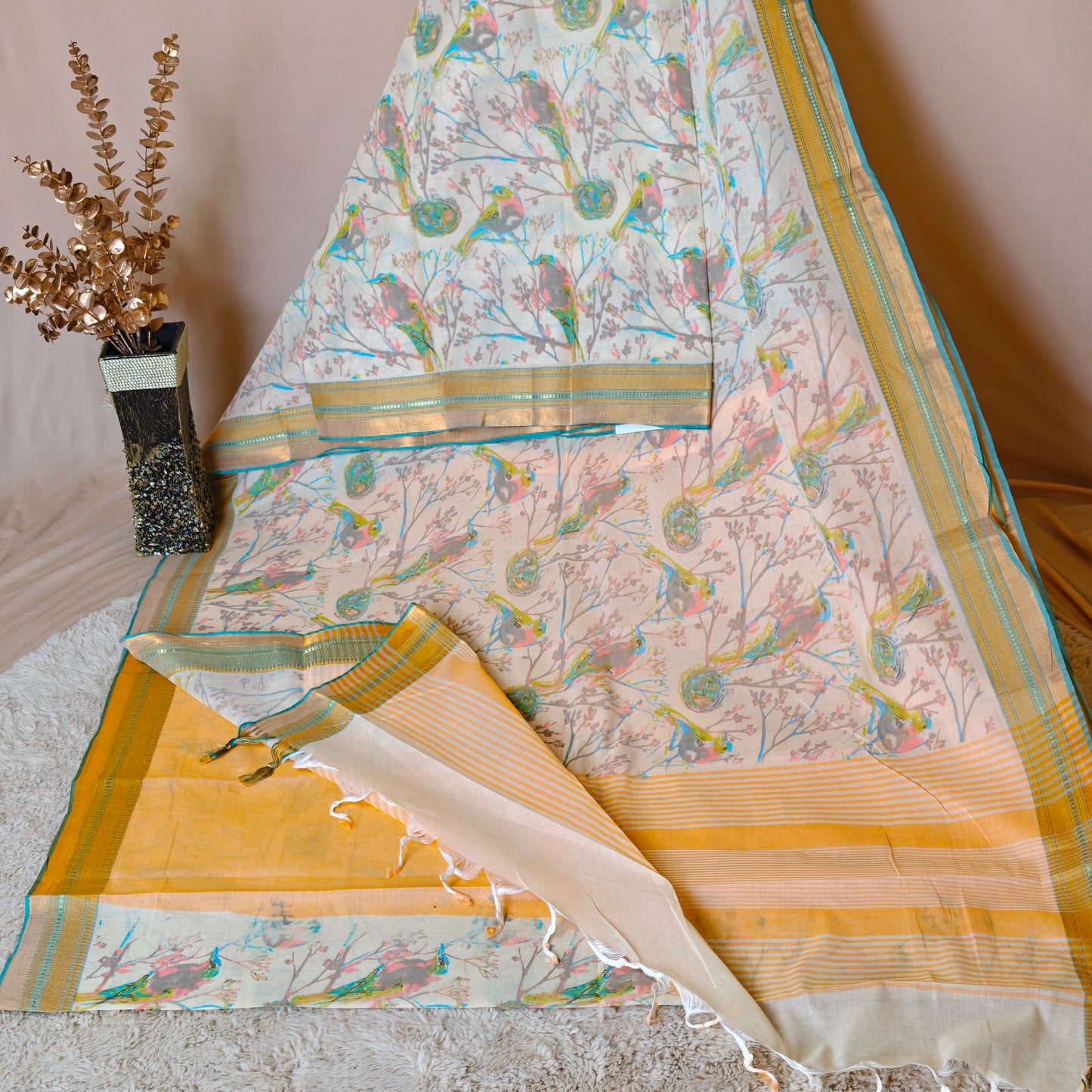 Half-white digital print cotton saree
