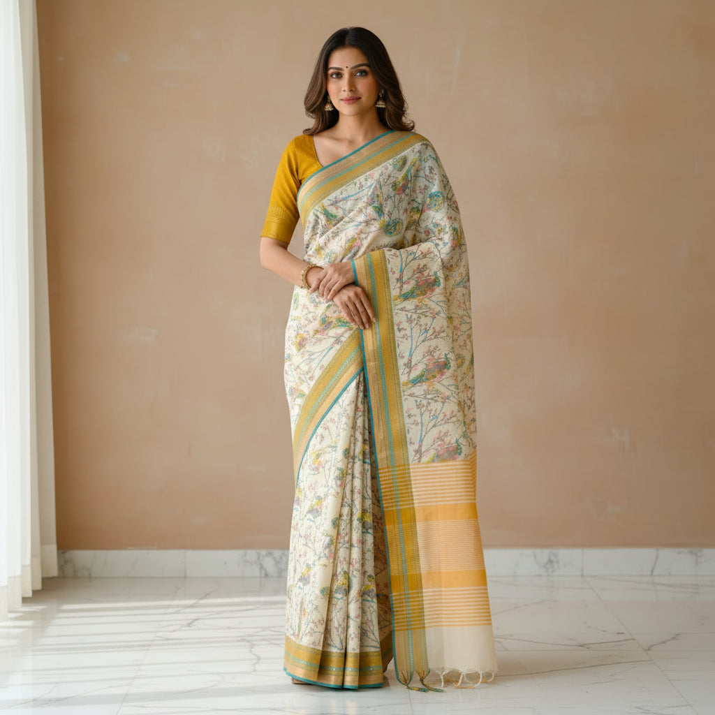 Half-white digital print cotton saree