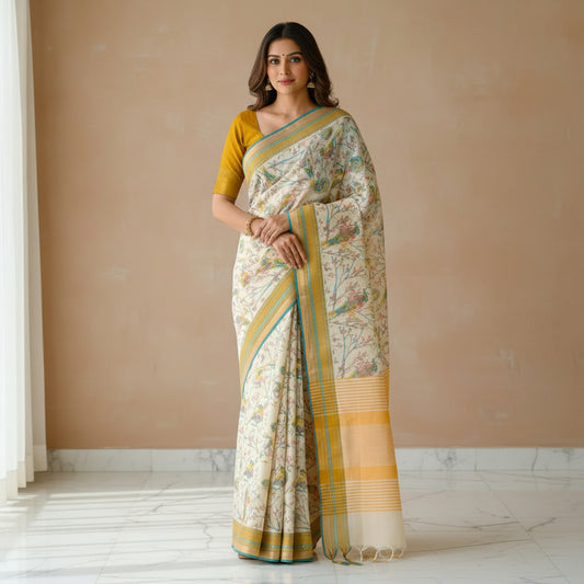 off-white digital print kanchi cotton saree