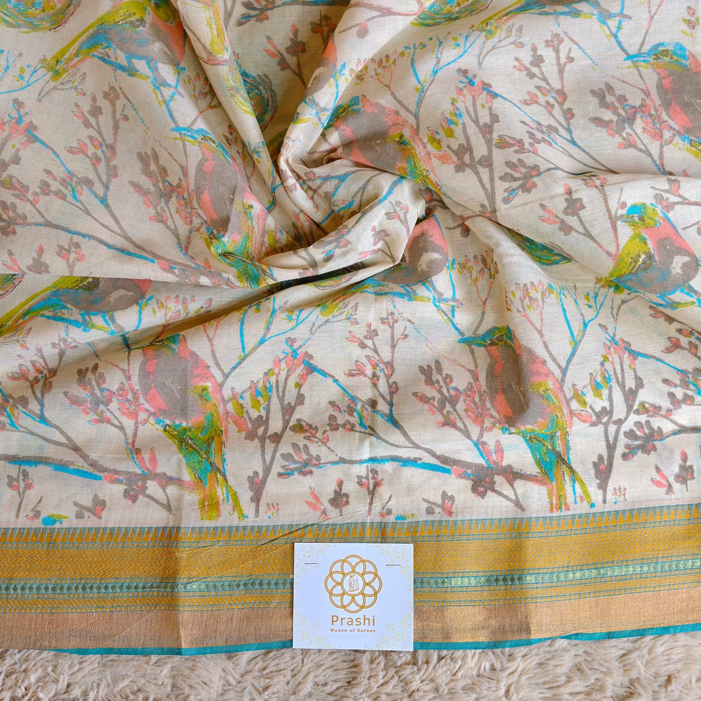 Half-white digital print cotton saree