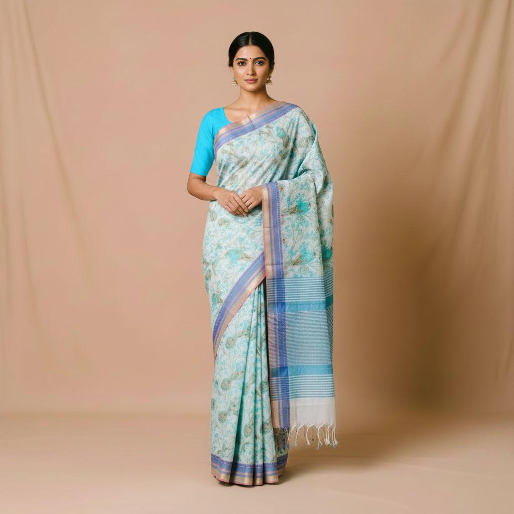 Blueish digital print cotton saree