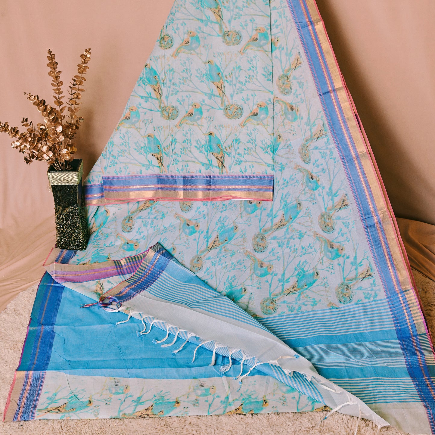 Blueish digital print cotton saree