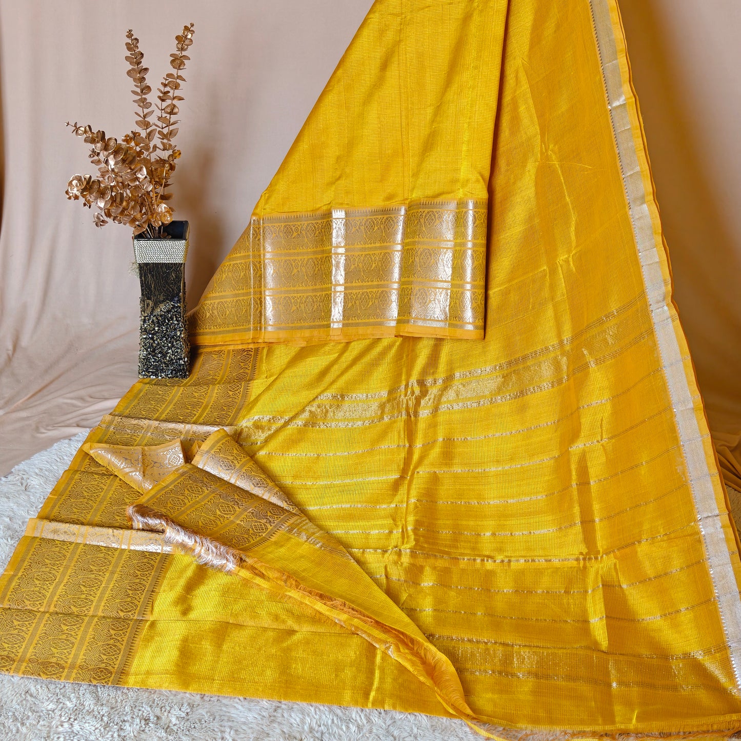 Yellow Mangalagiri kanchi border silk saree