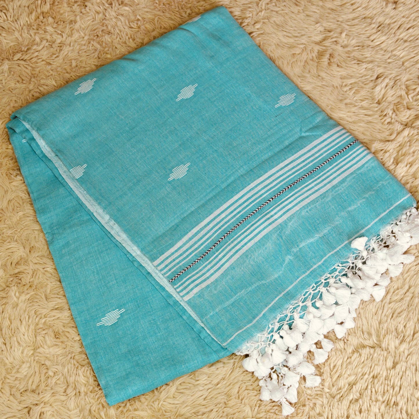 Sea blue handloom mul cotton saree