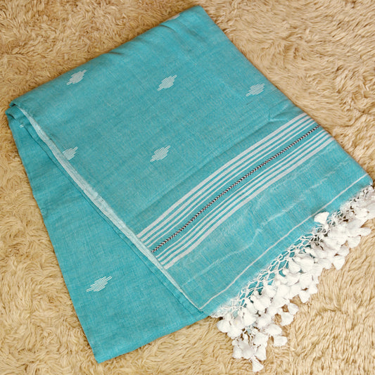 Sea blue handloom mul cotton saree