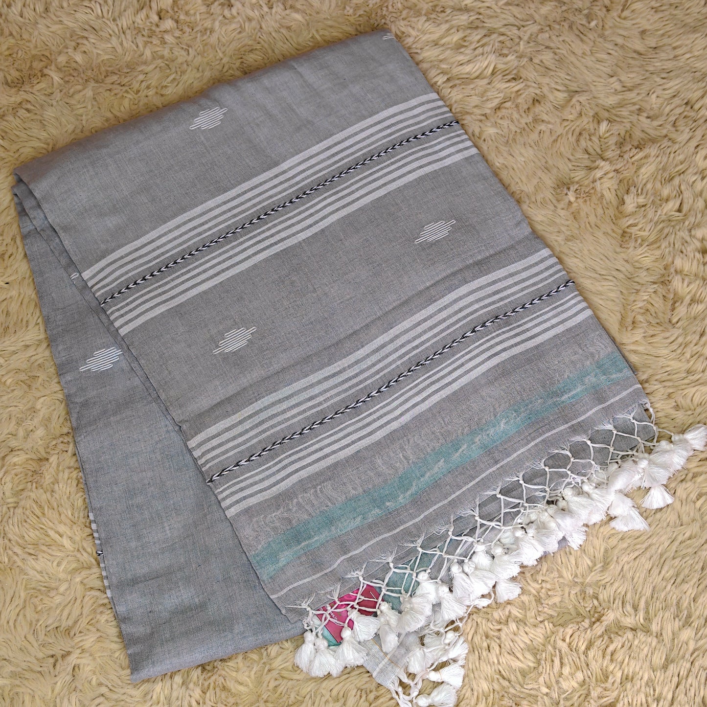 Grey handloom mul cotton saree