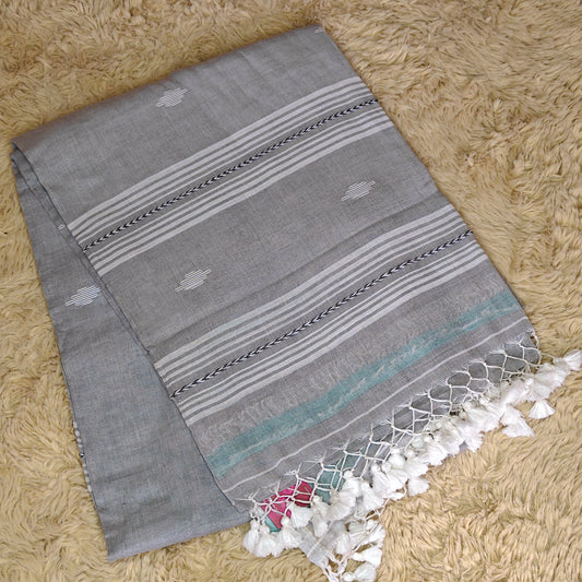 Grey handloom mul cotton saree