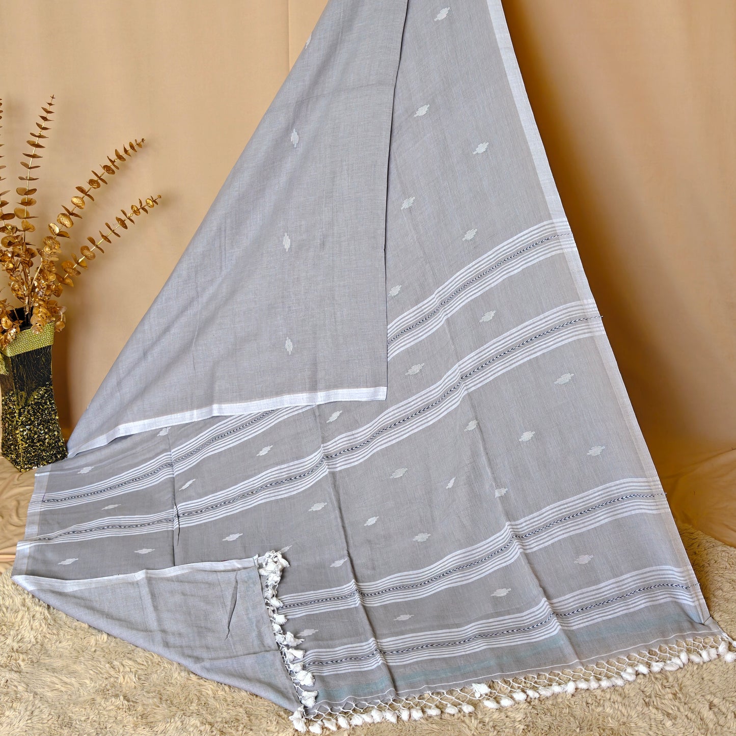 Grey handloom mul cotton saree