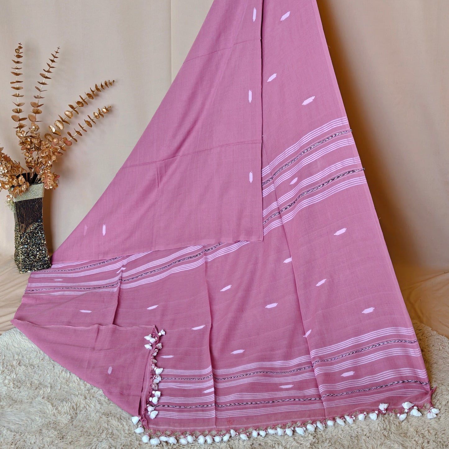 Pink handloom mul cotton saree