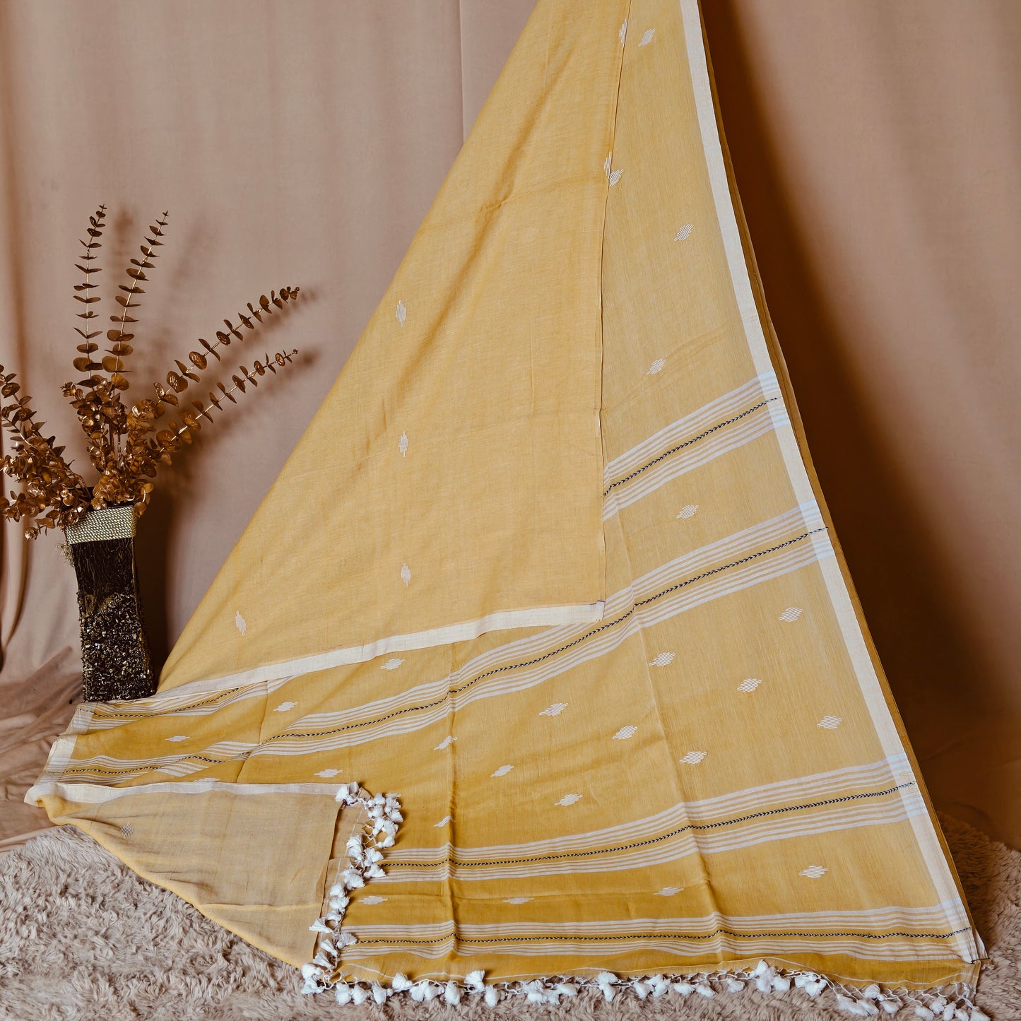 yellow handloom mul cotton saree