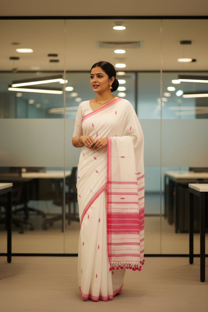 White handloom mul cotton saree