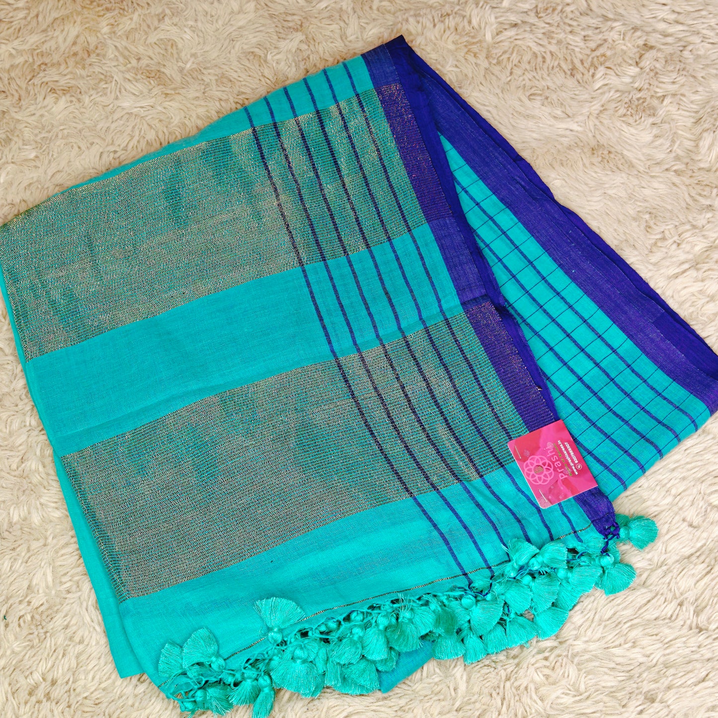 Sky Blue Handloom mul cotton checks border saree