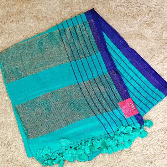 Sky Blue Handloom mul cotton checks border saree