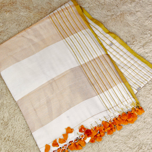 Off white handloom mul cotton checks border saree