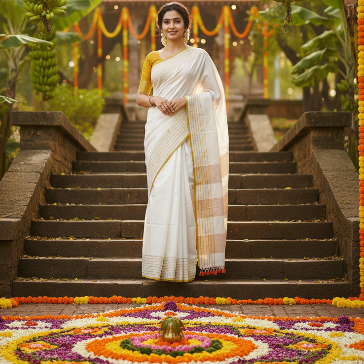 Off white handloom mul cotton checks border saree