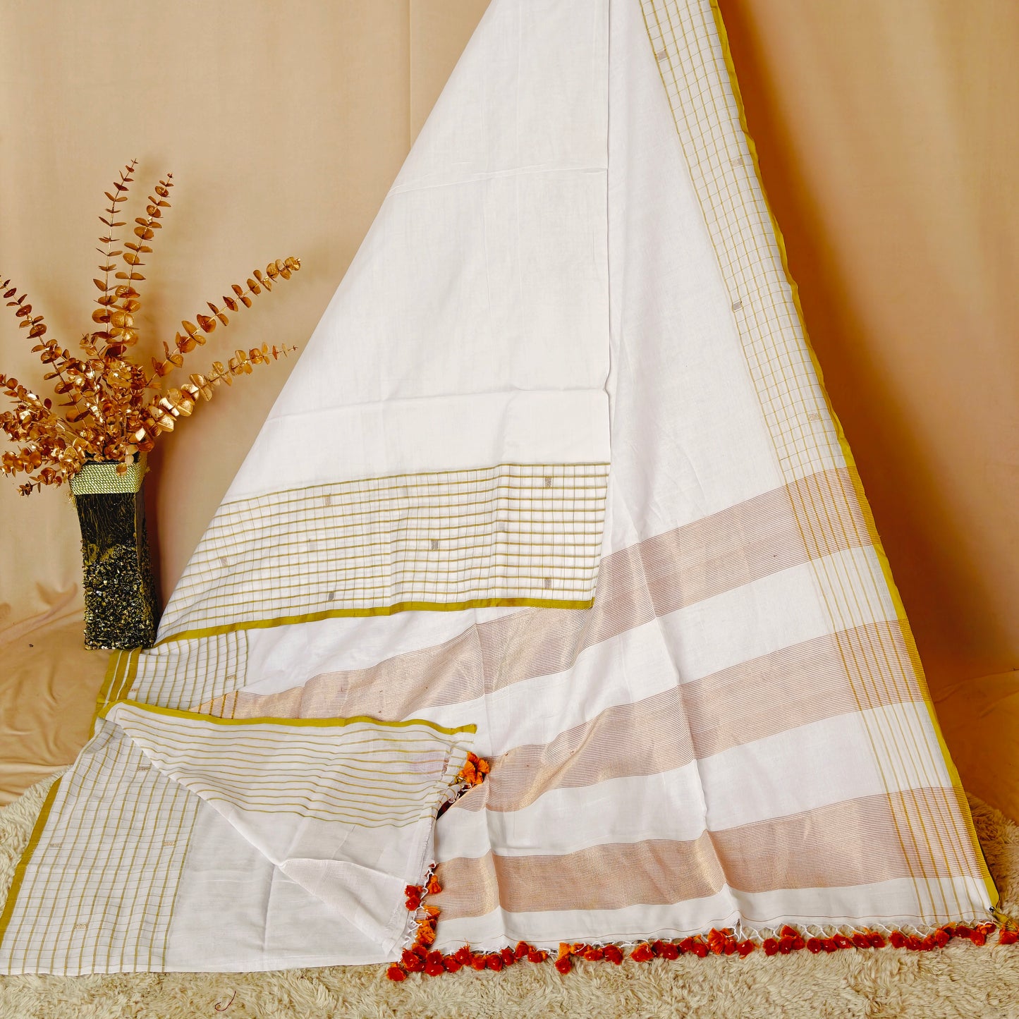 Off white handloom mul cotton checks border saree