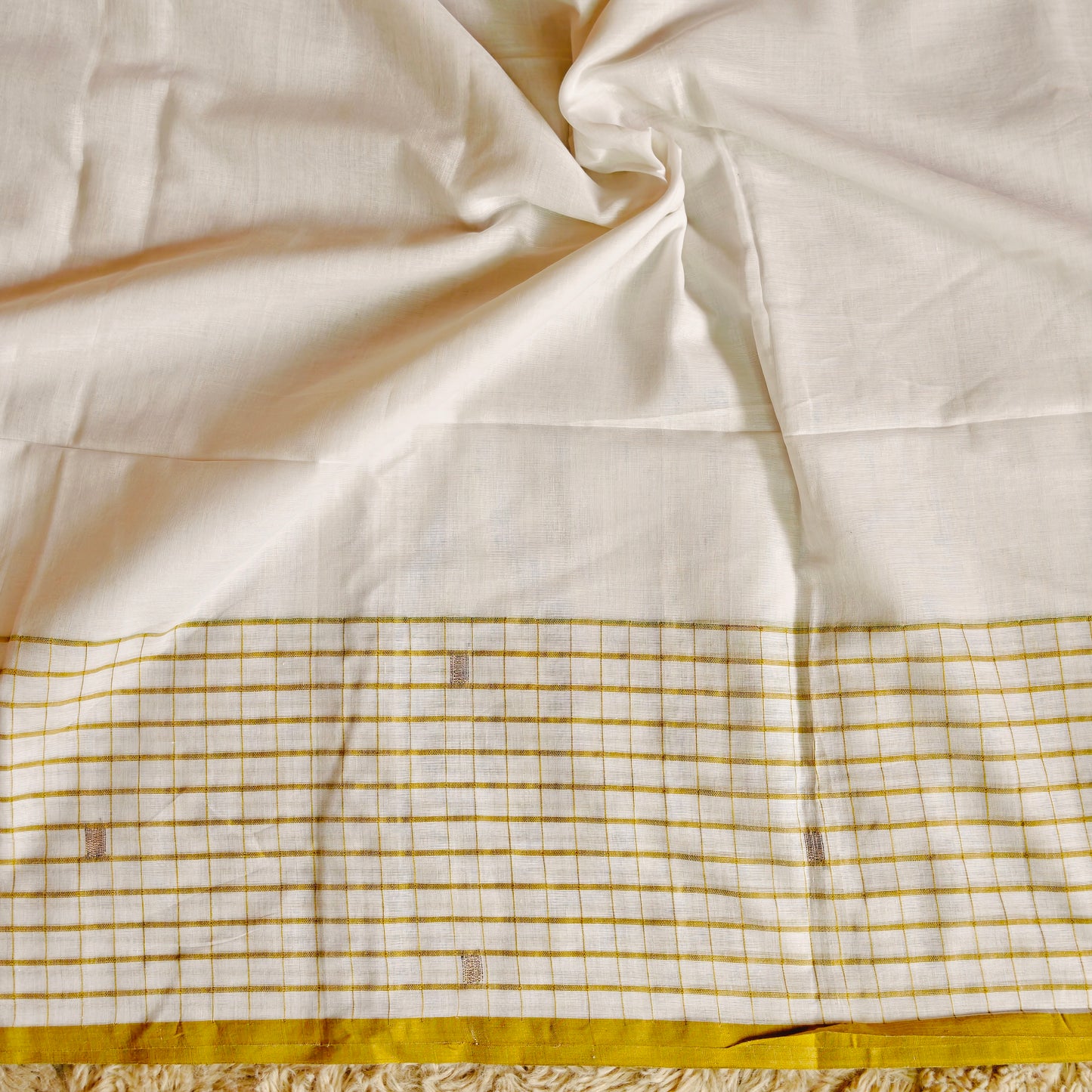 Off white handloom mul cotton checks border saree