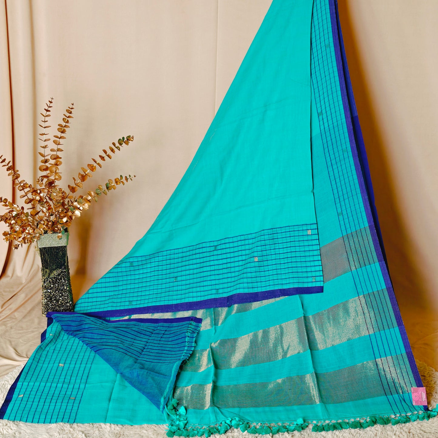 Sky Blue Handloom mul cotton checks border saree