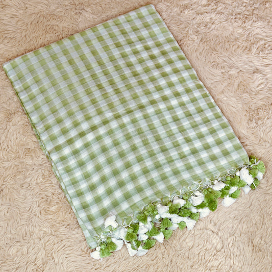 Pista green Handloom mul cotton checks saree