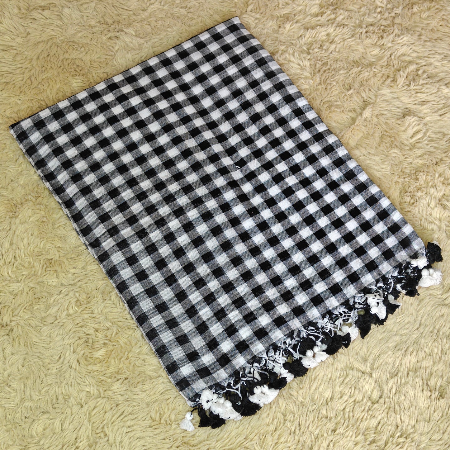 Black with white handloom mul cotton checks saree