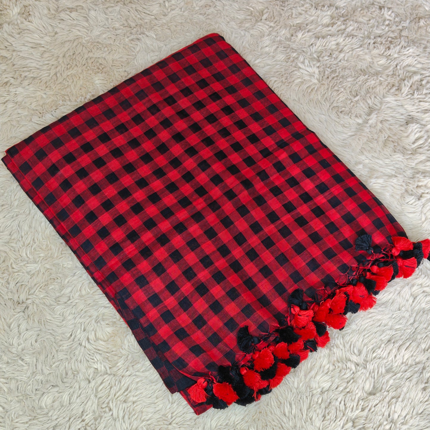 RED with black Handloom mul cotton checks saree