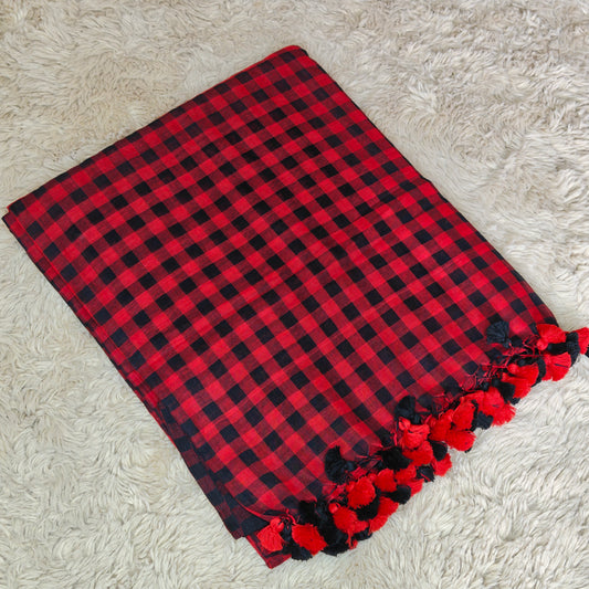 RED with black Handloom mul cotton checks saree