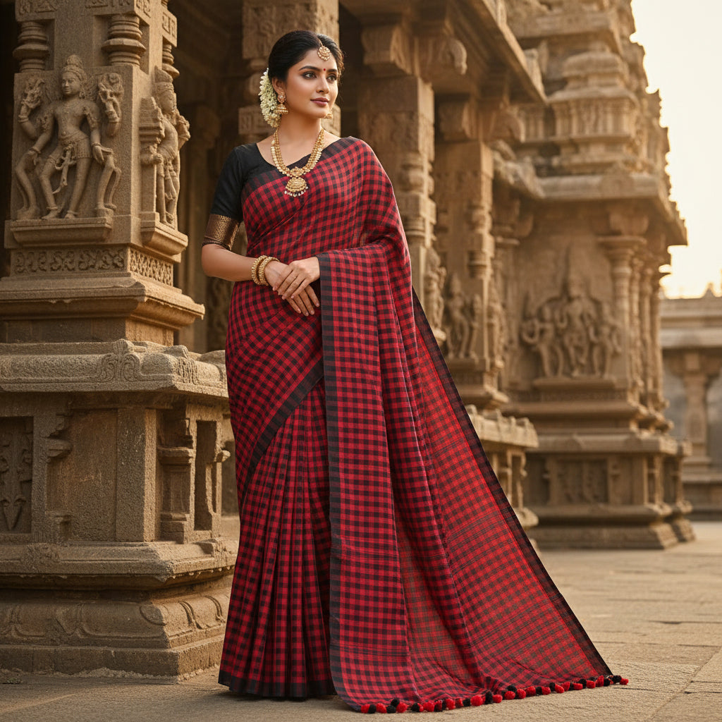 RED with black Handloom mul cotton checks saree