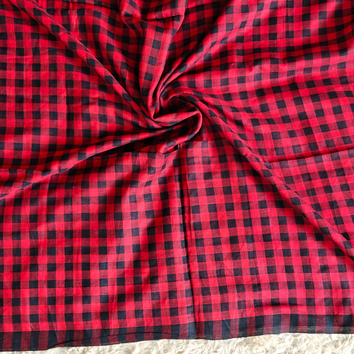 RED with black Handloom mul cotton checks saree