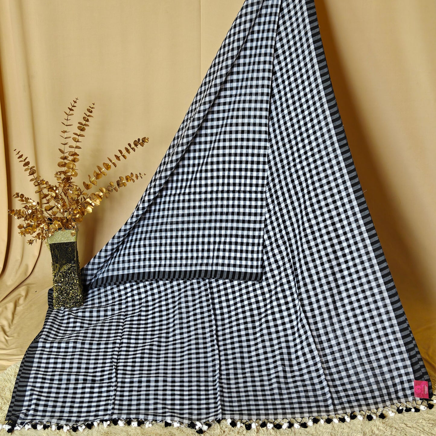 Black with white handloom mul cotton checks saree