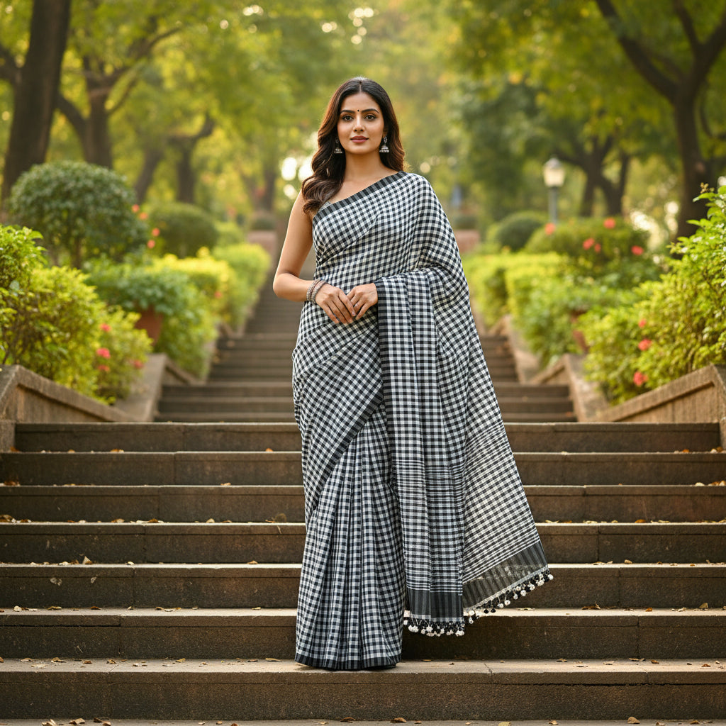 Black with white handloom mul cotton checks saree