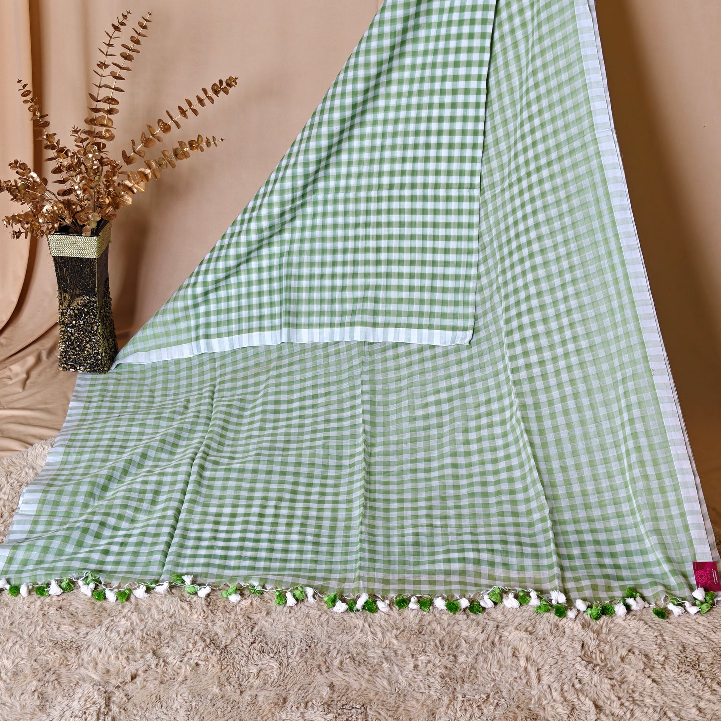 Pista green Handloom mul cotton checks saree