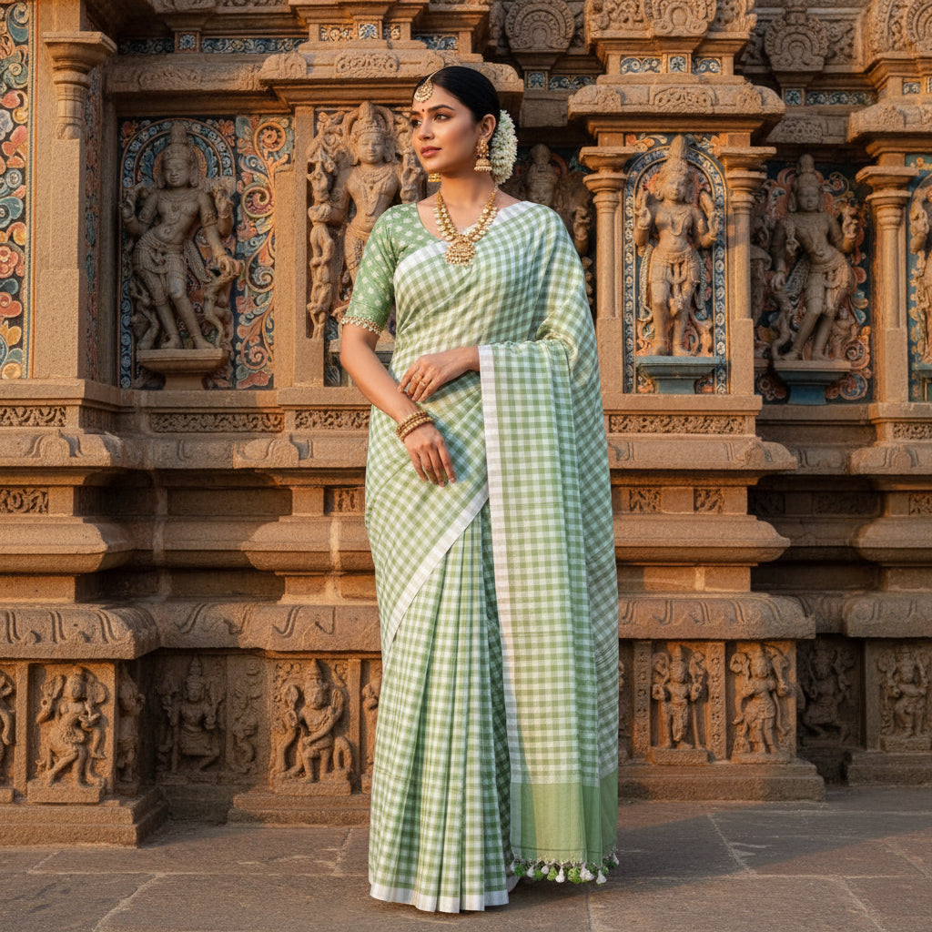 Pista green Handloom mul cotton checks saree