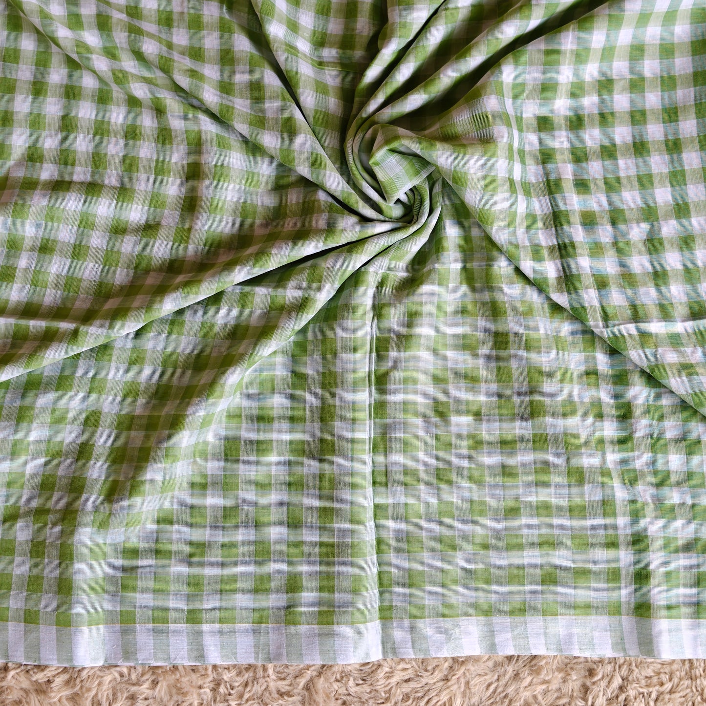 Pista green Handloom mul cotton checks saree