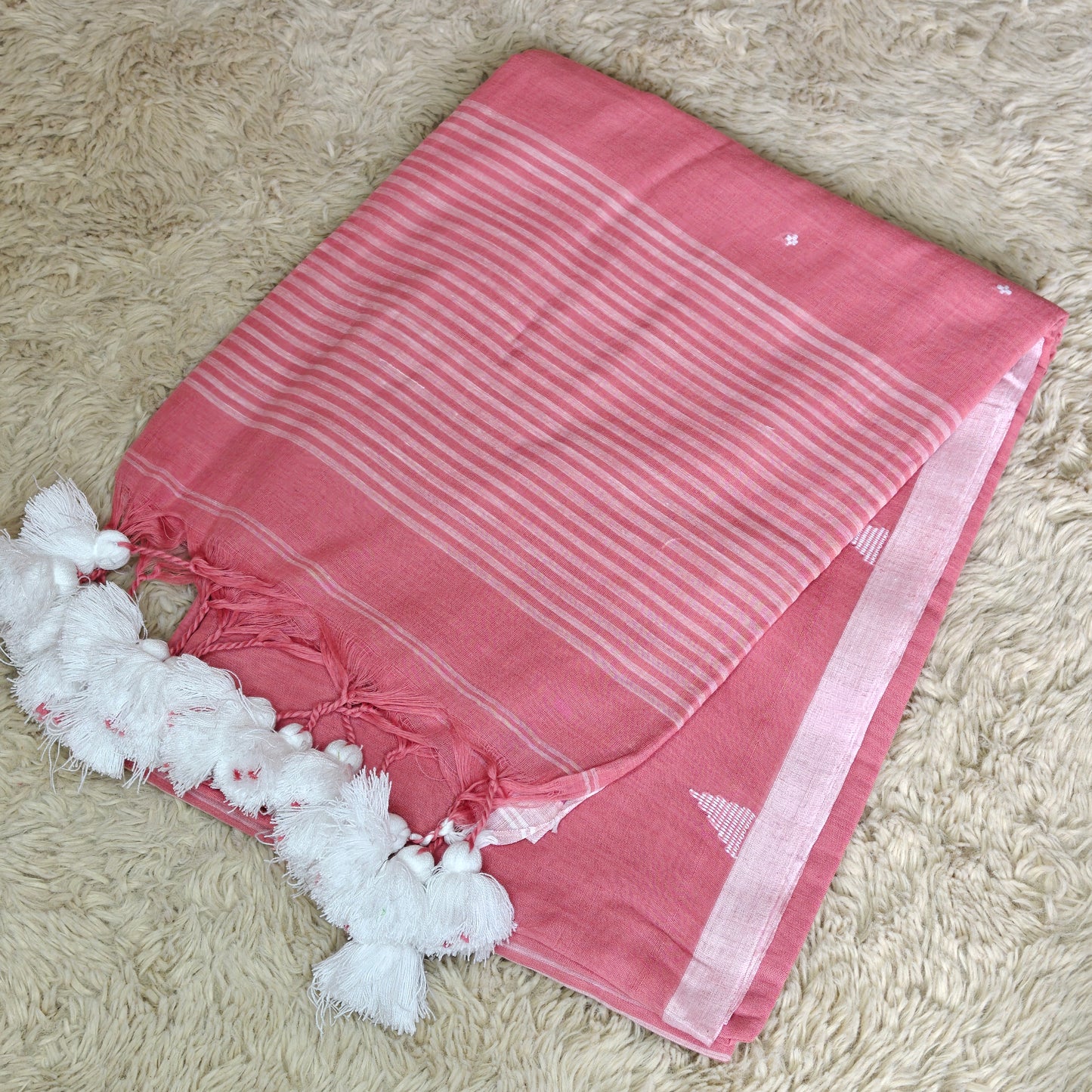 Peach pink handloom mul cotton plus butta