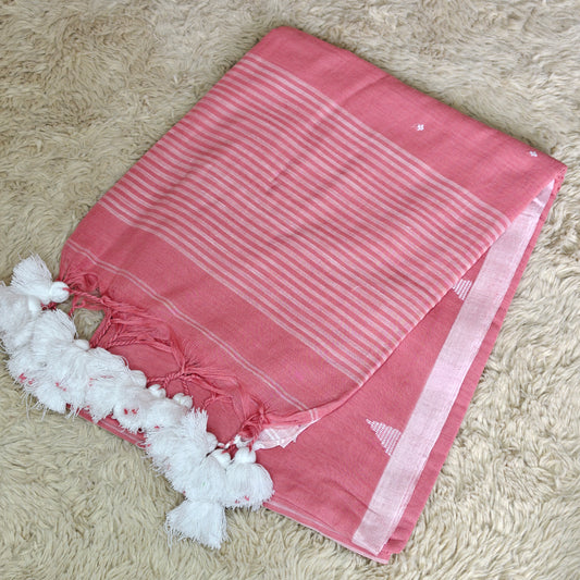 Peach pink handloom mul cotton plus butta