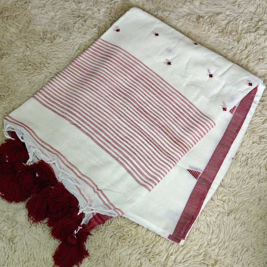 white handloom mul cotton plus butta saree