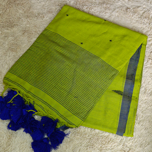 parrot green handloom mul cotton plus butta saree