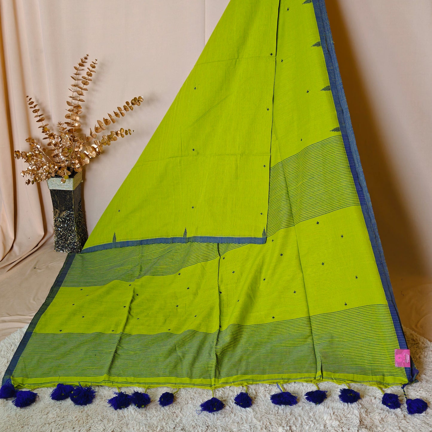 parrot green handloom mul cotton plus butta saree