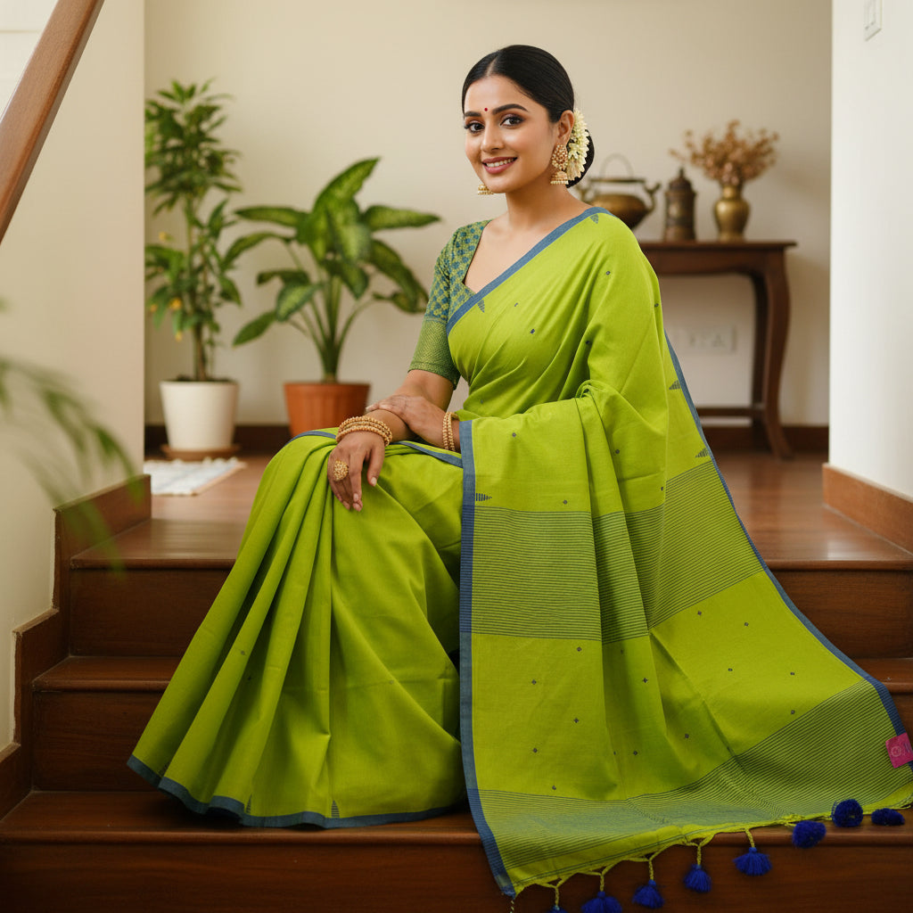 parrot green handloom mul cotton plus butta saree