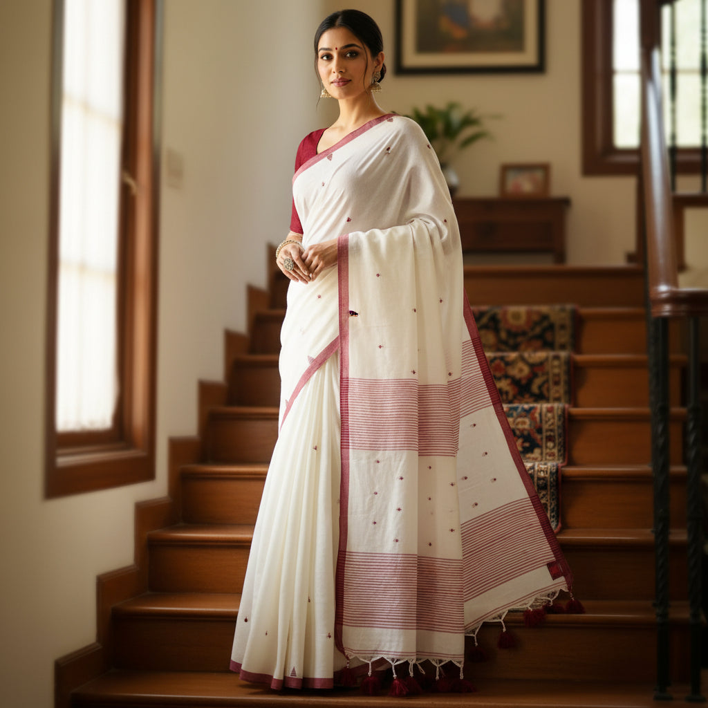white handloom mul cotton plus butta saree
