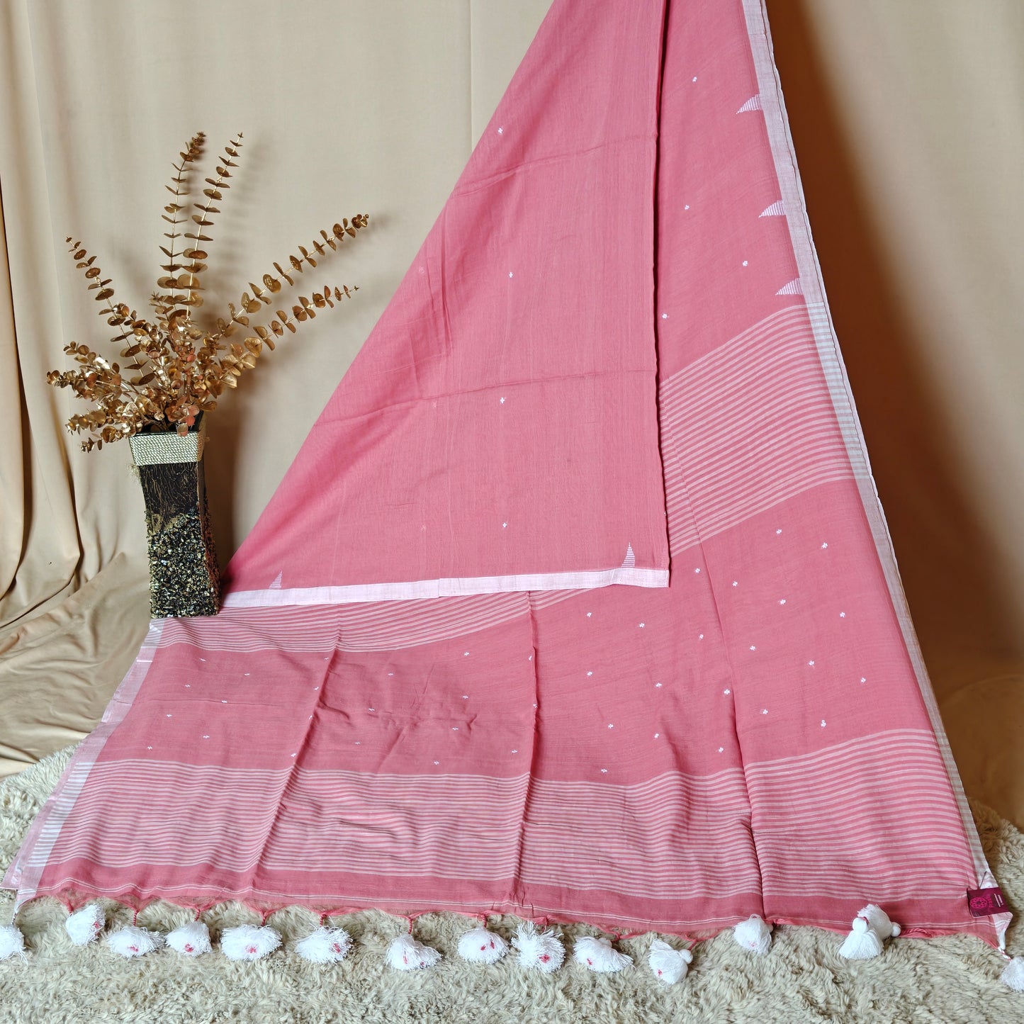 Peach pink handloom mul cotton plus butta