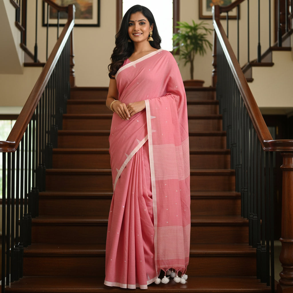 Peach pink handloom mul cotton plus butta