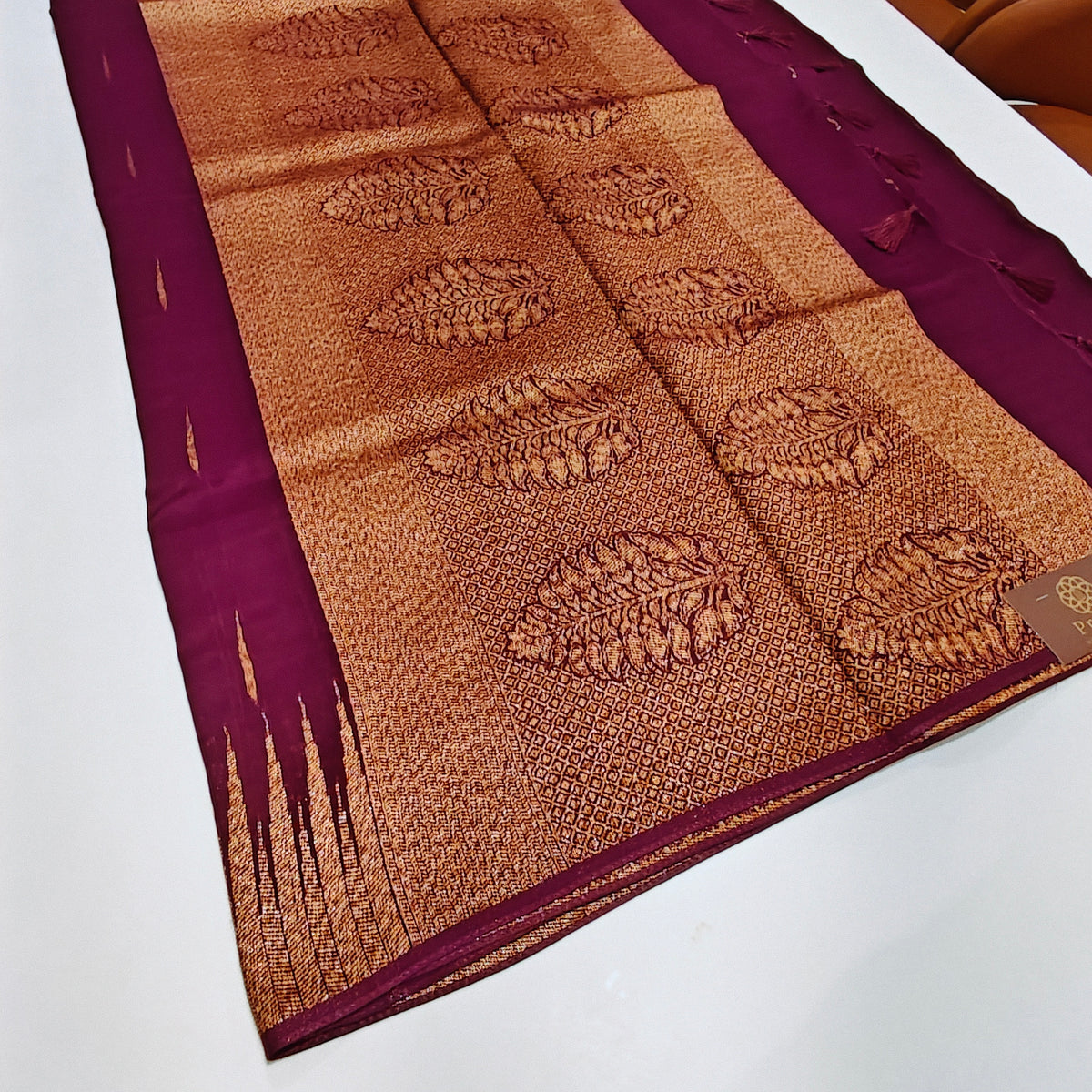Wine colour temple tussar saree