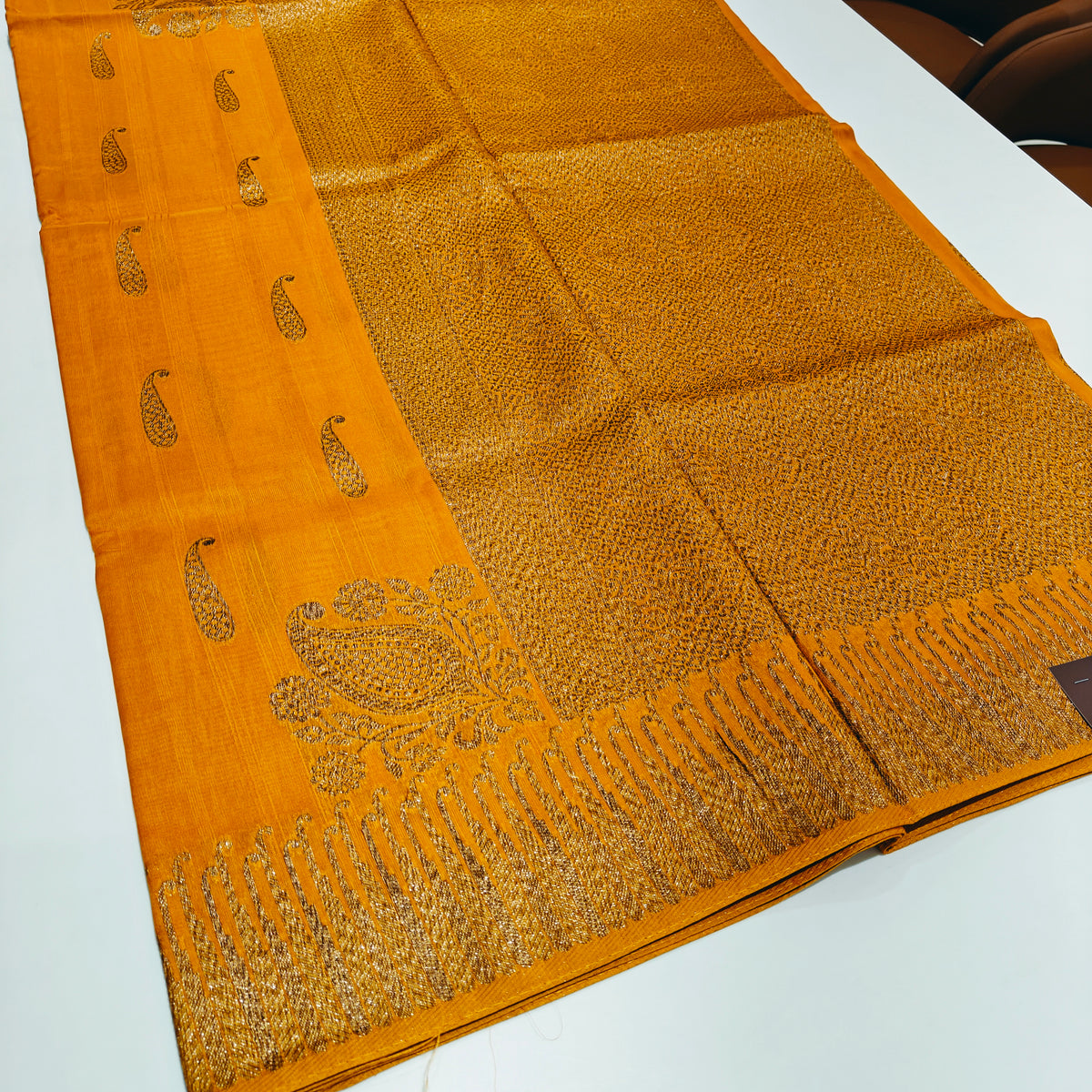 Mustard Yellow  temple  tussar saree