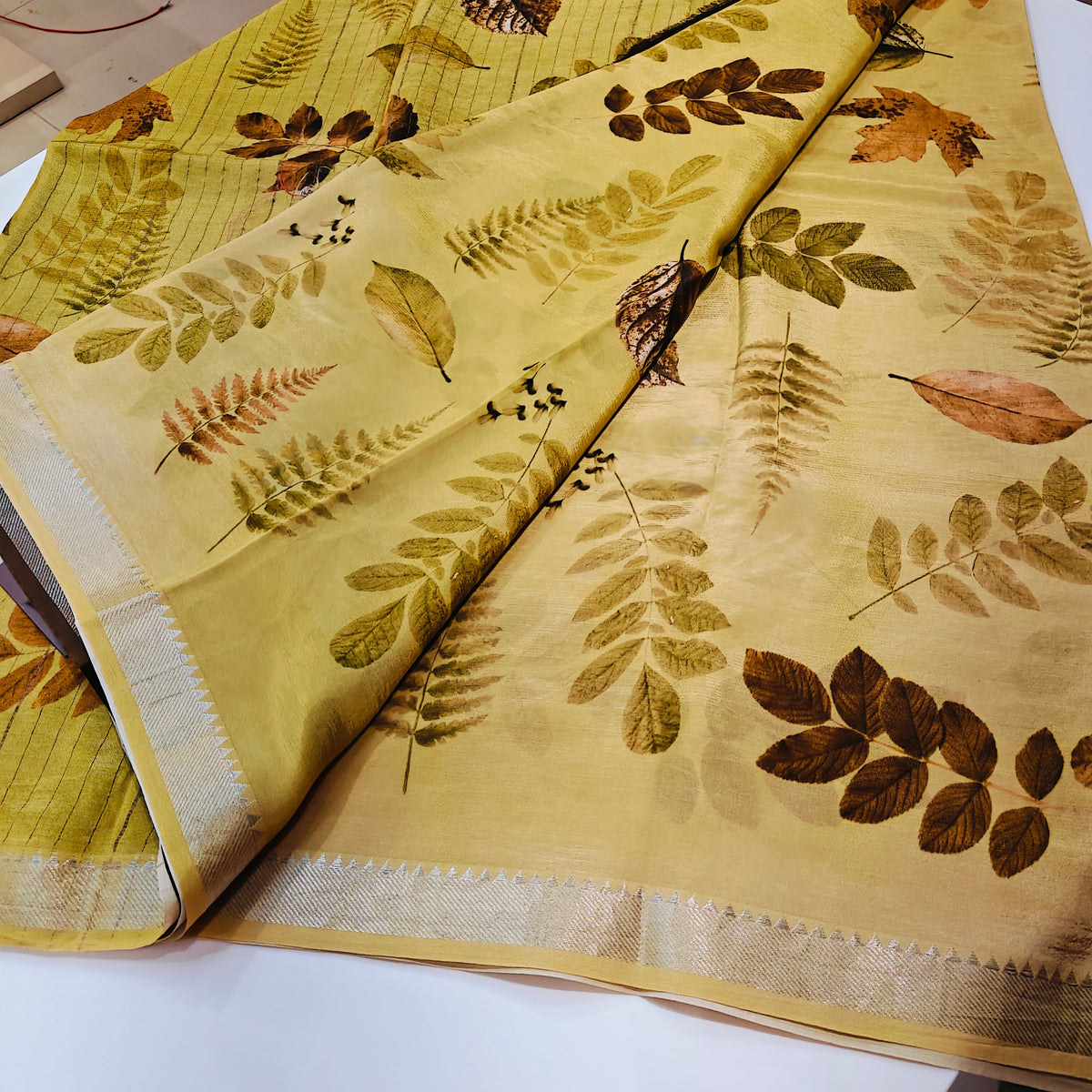 Mustard yellow mangalagiri digital print saree